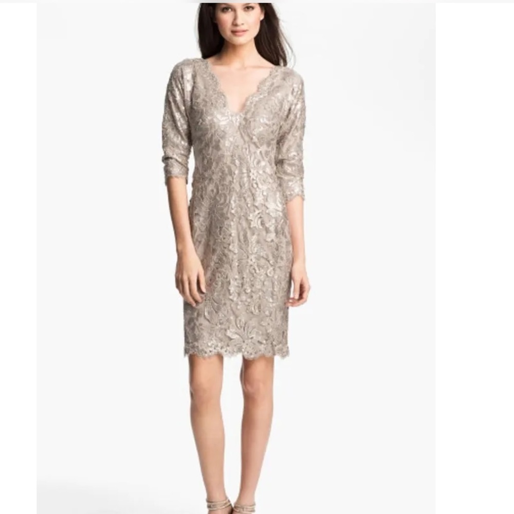 NWT Tadashi Shoji Embroidered Sequin Lace Sand Beige Cocktail Dress 12P $388